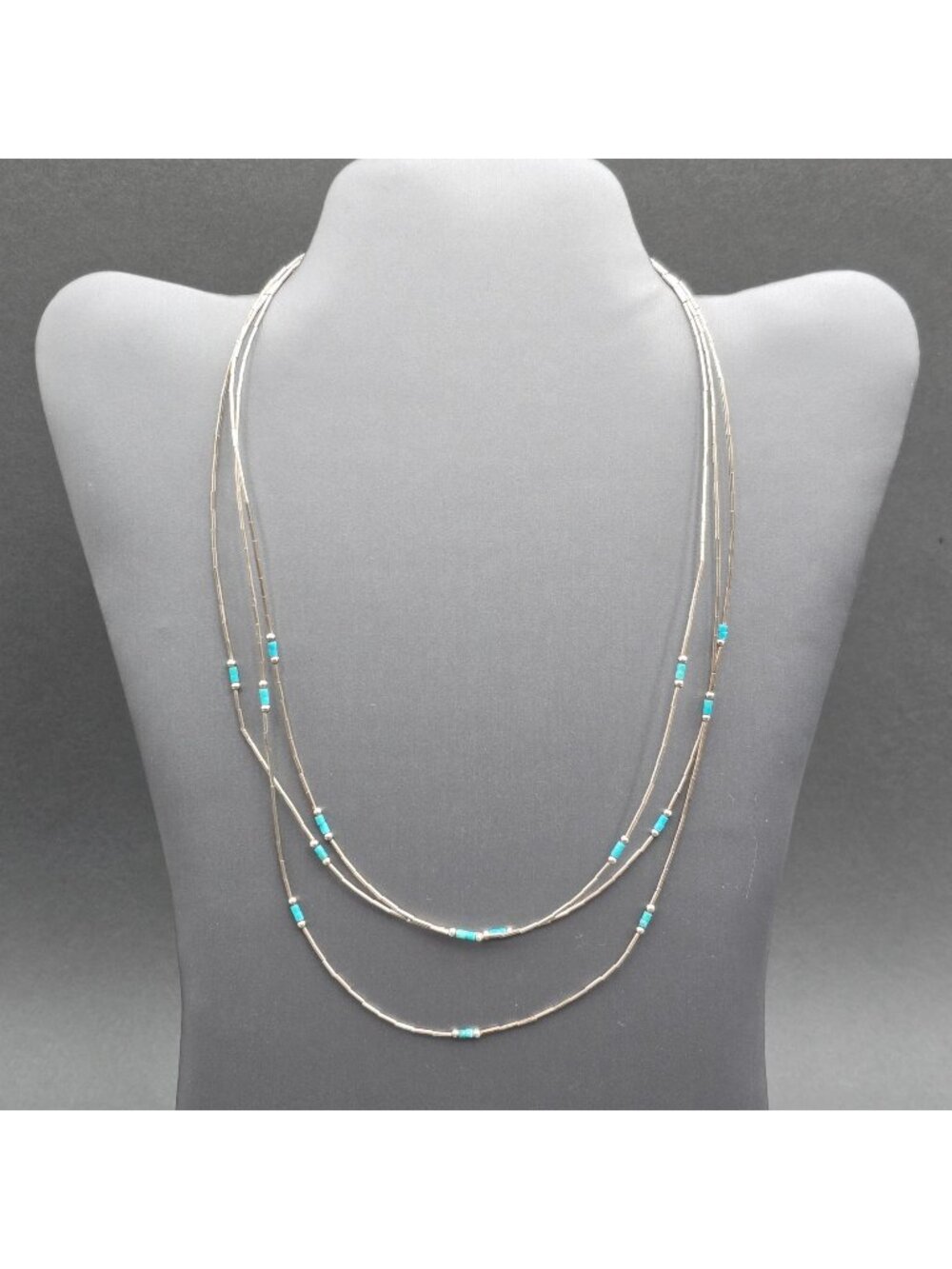 Vintage Sterling Liquid Silver Turquoise Necklace 16" Southwestern Multi Strand